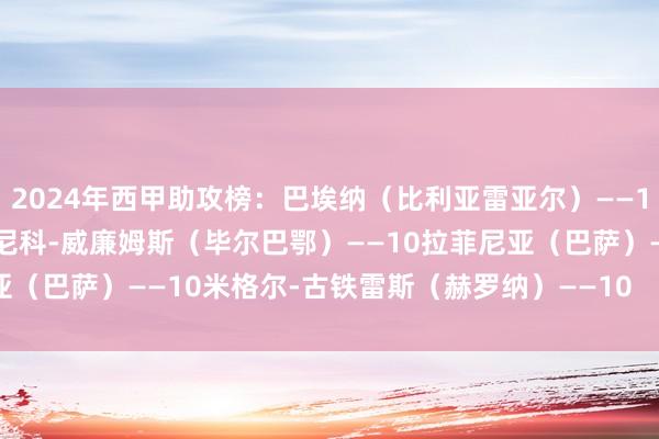 2024年西甲助攻榜：巴埃纳（比利亚雷亚尔）——15亚马尔（巴萨）——14尼科-威廉姆斯（毕尔巴鄂）——10拉菲尼亚（巴萨）——10米格尔-古铁雷斯（赫罗纳）——10    体育赛事直播