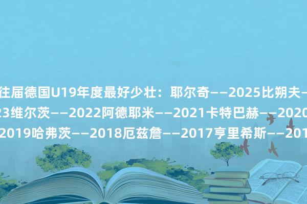 往届德国U19年度最好少壮:耶尔奇——2025比朔夫——2024穆科科——2023维尔茨——2022阿德耶米——2021卡特巴赫——2020尼古拉斯-屈恩——2019哈弗茨——2018厄兹詹——2017亨里希斯——2016若纳坦-塔——2015尼克拉斯-斯塔克——2014马蒂亚斯-金特尔——2013吕迪格——2012特尔施特根——2011姆拉帕——2010霍尔特比——2009迪克迈尔——2008霍韦德斯——2007凯文-博阿滕——2006 体育赛事直播
